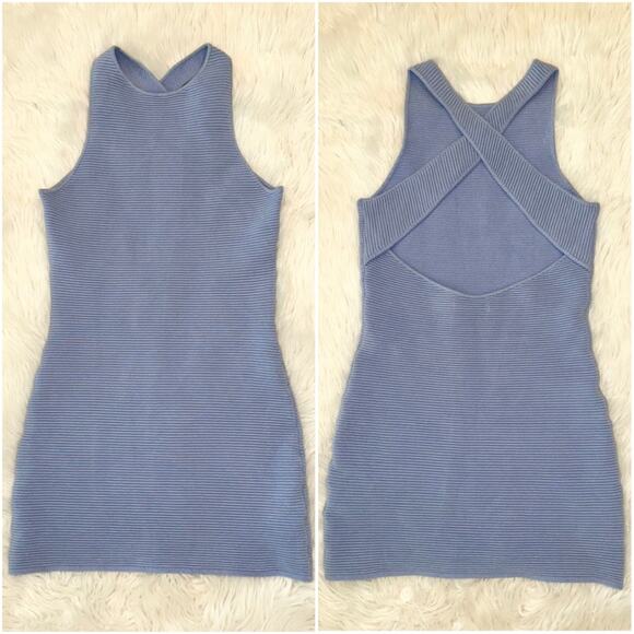 Abercrombie & Fitch Scuba Cross-Back Elevated Ribbed Knit Mini Dress Light Blue - Picture 4 of 13